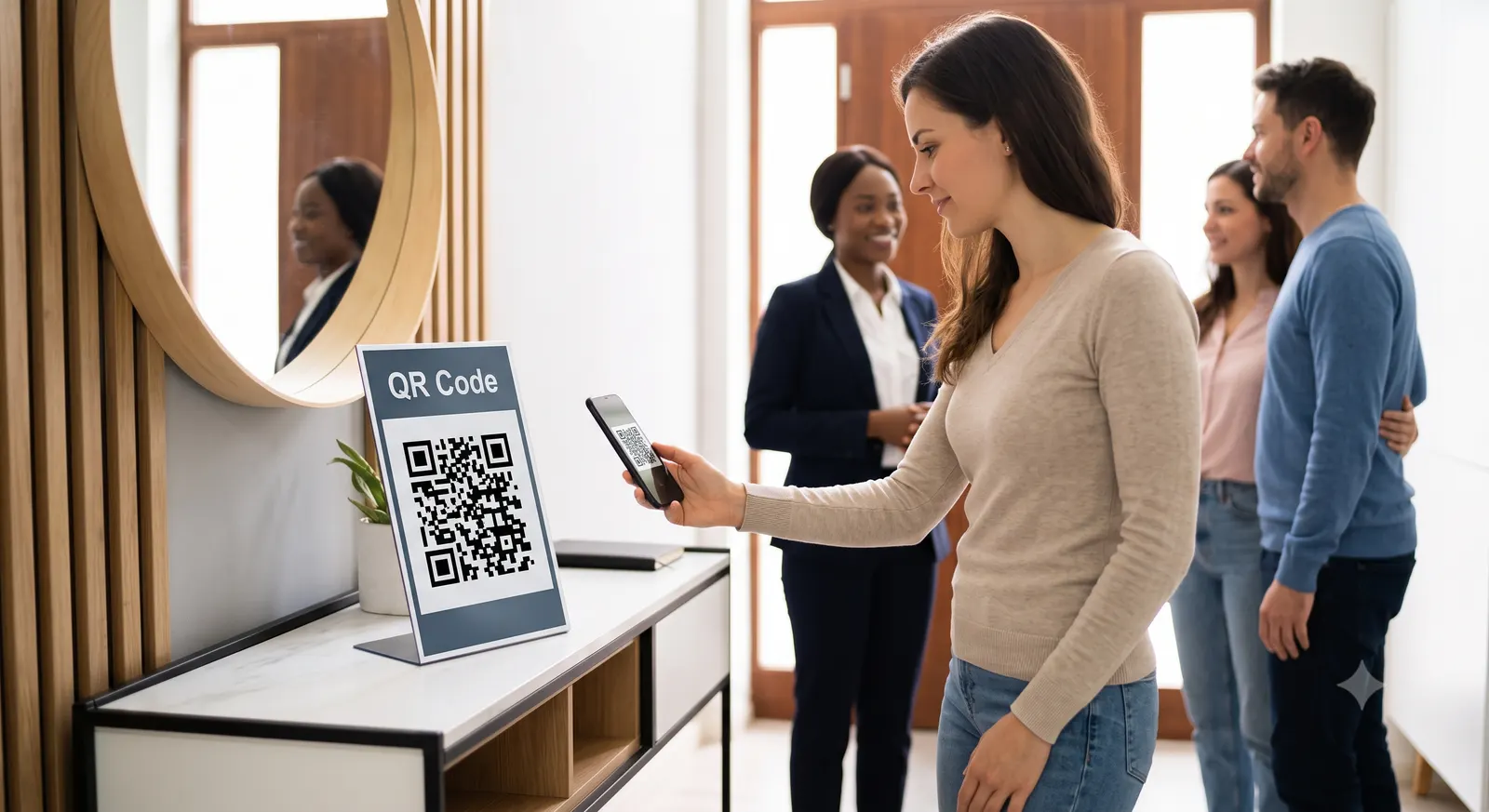 A real estate agent greeting buyers in a bright entryway as a visitor scans a QR code placard with her smartphone to sign in