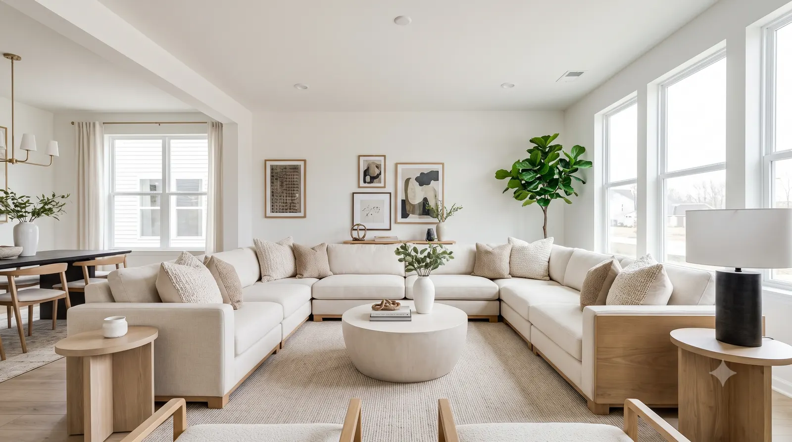 A professionally staged living room prepared to sell a home