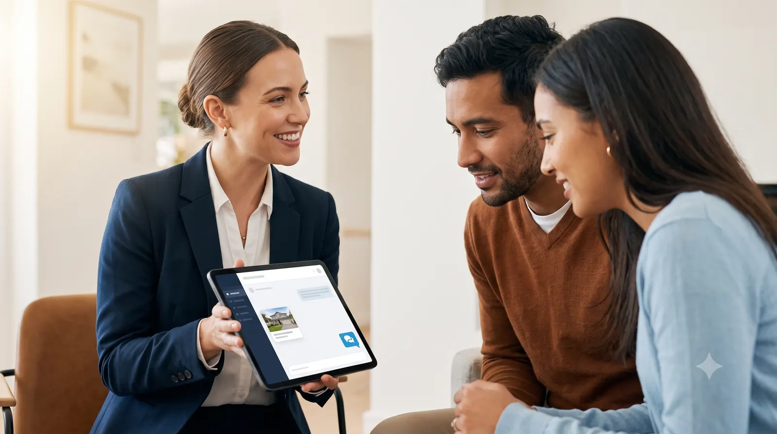 A listing agent demonstrating modern property-management technology as a differentiator in a listing presentation