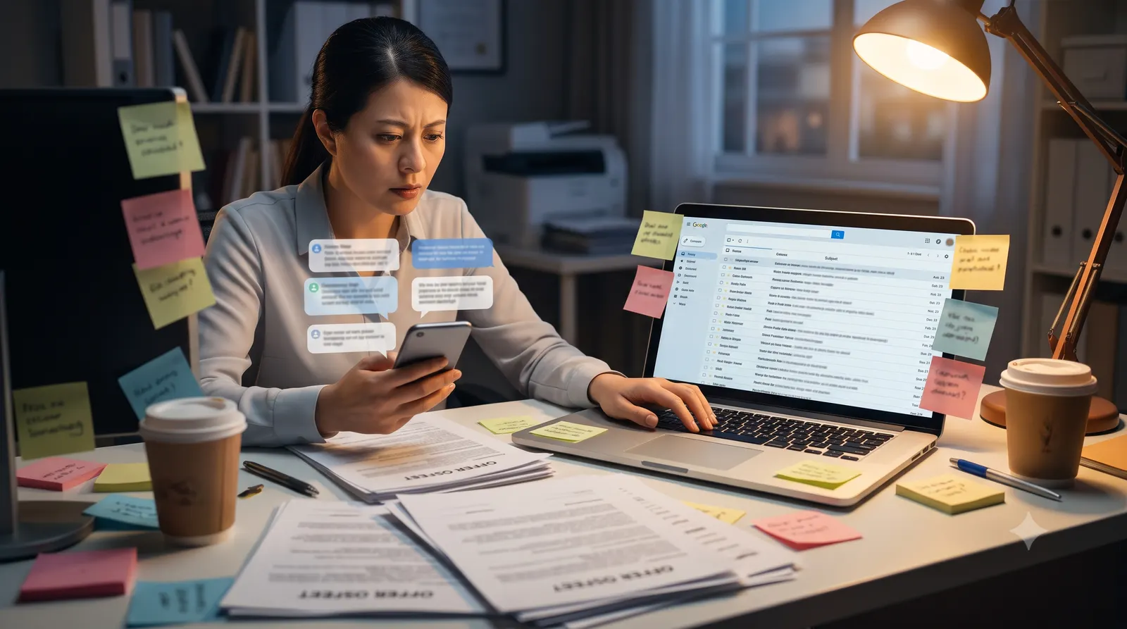 A stressed real estate agent buried in scattered emails, texts, and sticky notes while managing multiple competing offers