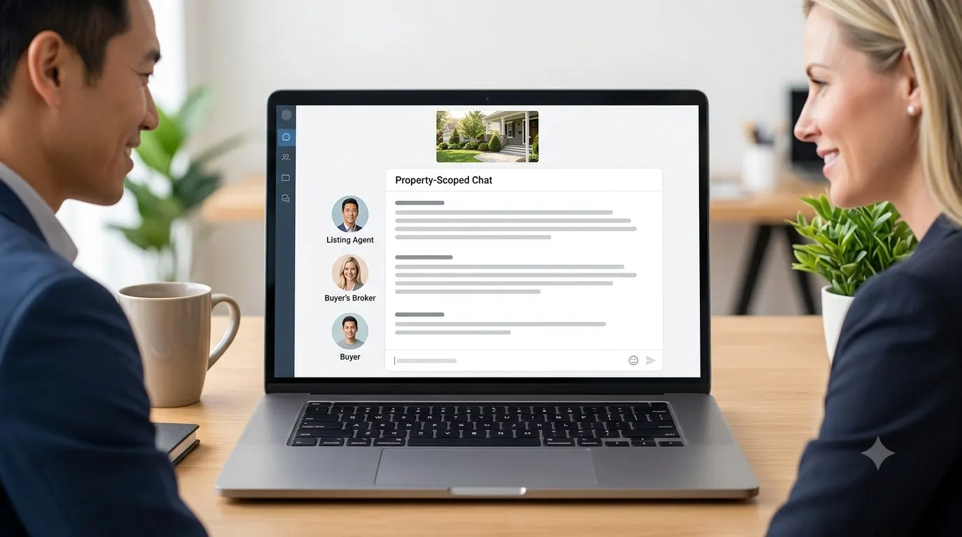 Property-scoped multi-party chat connecting the listing agent, buyer, and buyer's broker in one thread