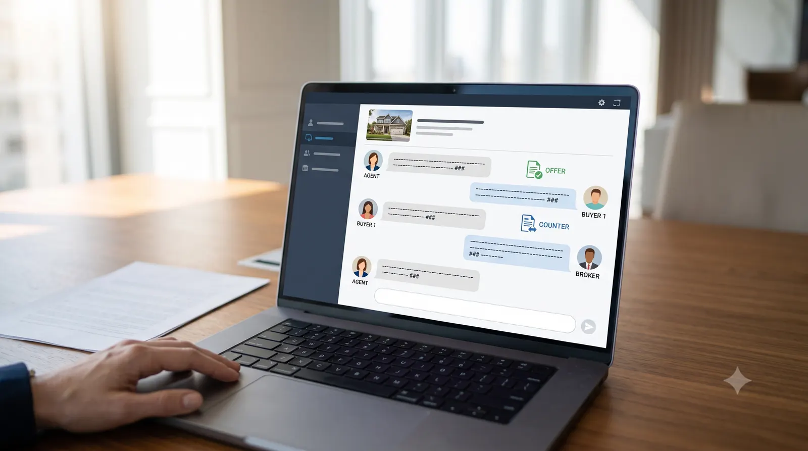 Offers and counteroffers kept organized in a property-scoped multi-party chat during negotiation