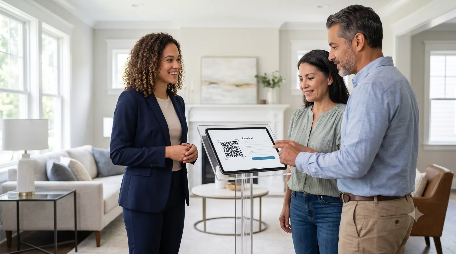A new real estate agent hosting an open house with a digital check-in to capture leads