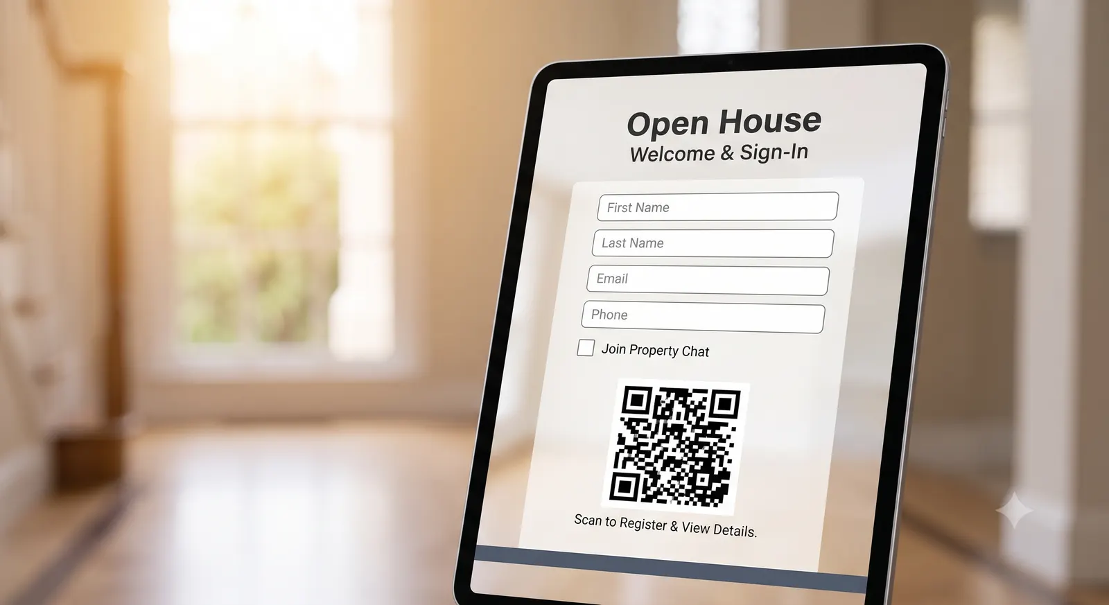 Tablet on a stand at an open house showing a digital Welcome and Sign-In form with a QR code to register and join the property chat