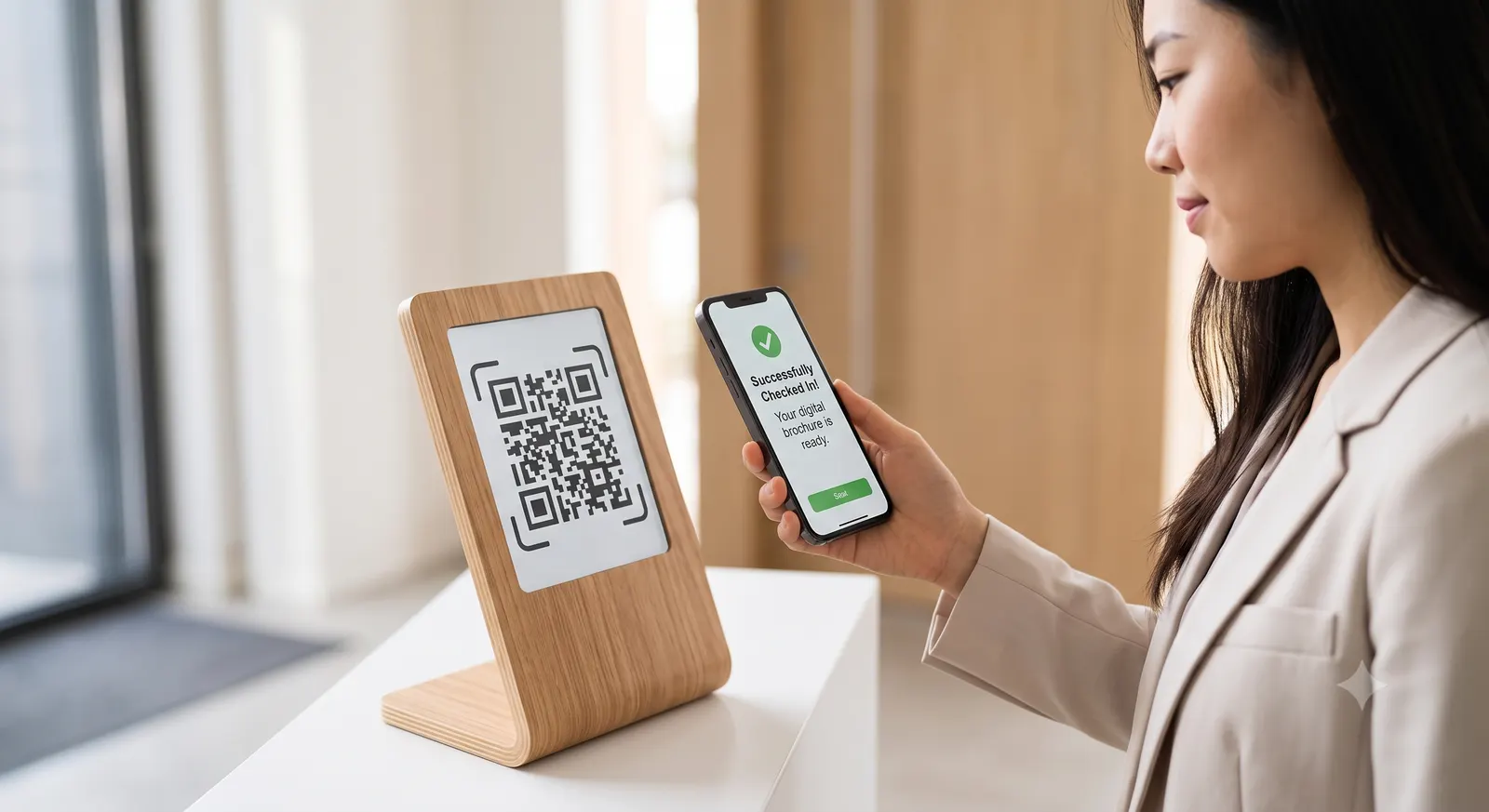 An open house visitor scanning a QR code on a wooden stand with her phone, which confirms "Successfully Checked In" with a digital brochure ready