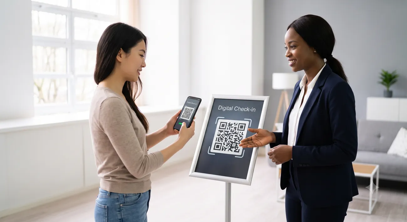 An open house visitor scanning a digital check-in QR code on a stand while the listing agent greets them
