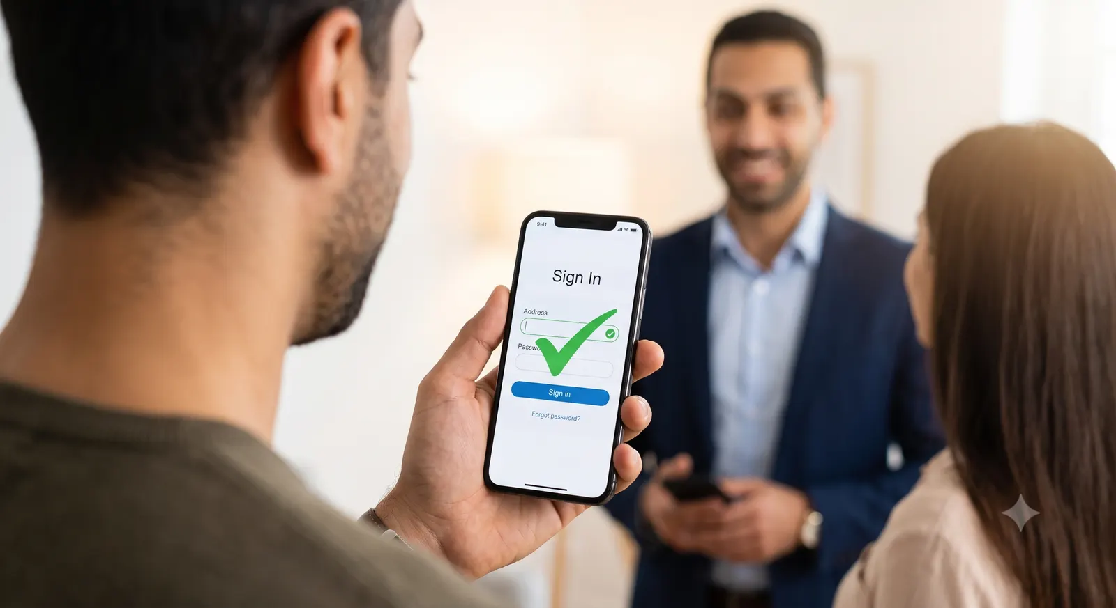 Over-the-shoulder view of a buyer's smartphone showing a digital sign-in form with an address field and a large green validation checkmark
