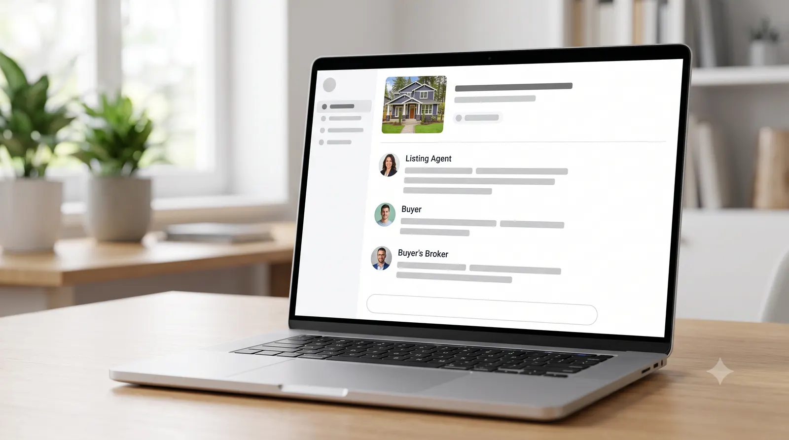 A clean property-scoped multi-party chat thread on a laptop keeping the agent, buyer, and buyer broker aligned during a multiple-offer situation