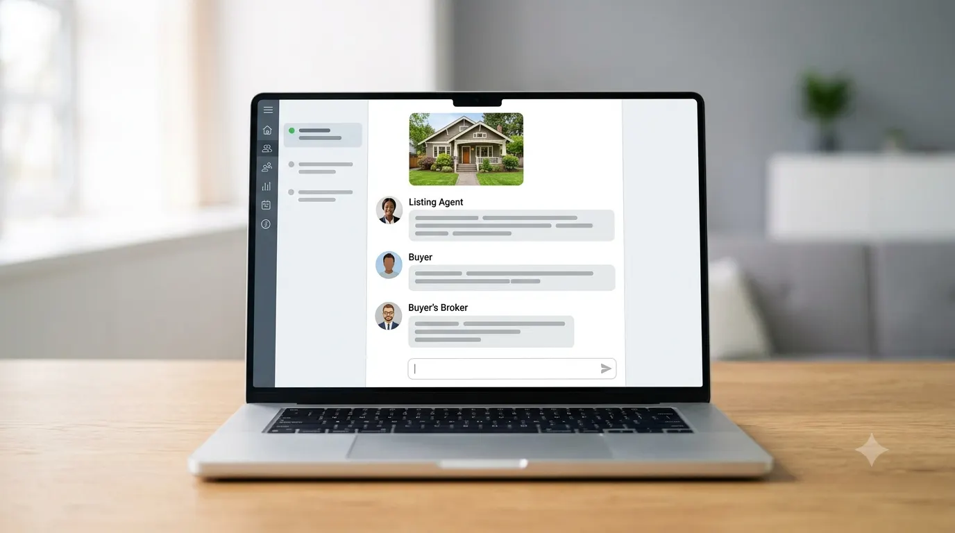 Property-scoped multi-party chat uniting the agent, buyer, and buyer broker in one transaction thread