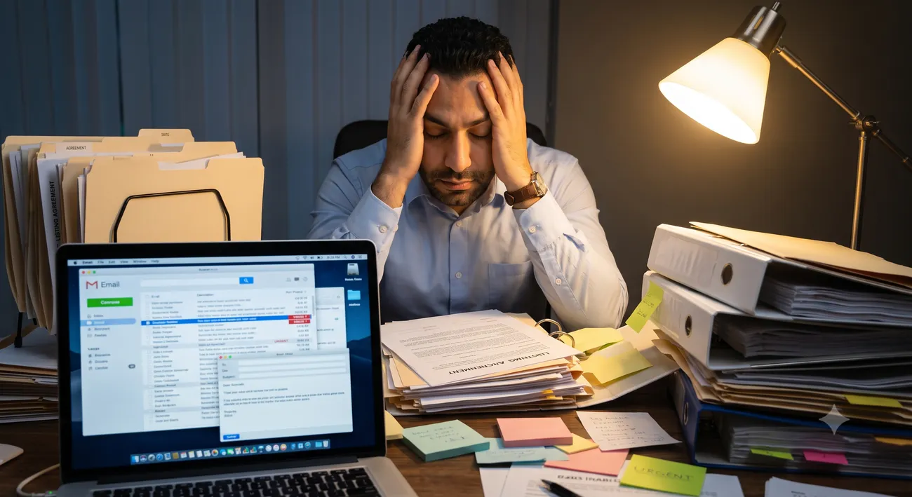 An overwhelmed agent buried in paperwork and manual data entry after an open house
