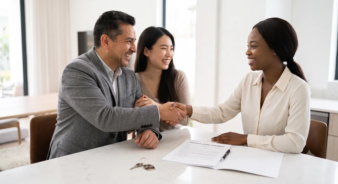 A real estate agent shaking hands with happy clients while finalizing an exclusive listing agreement