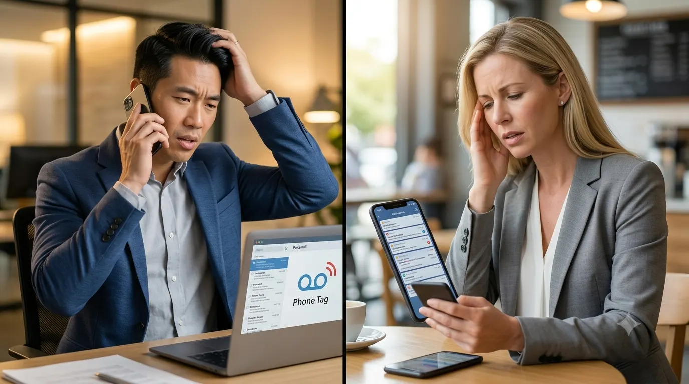 A listing agent and buyer's agent struggling with scattered communication and phone tag