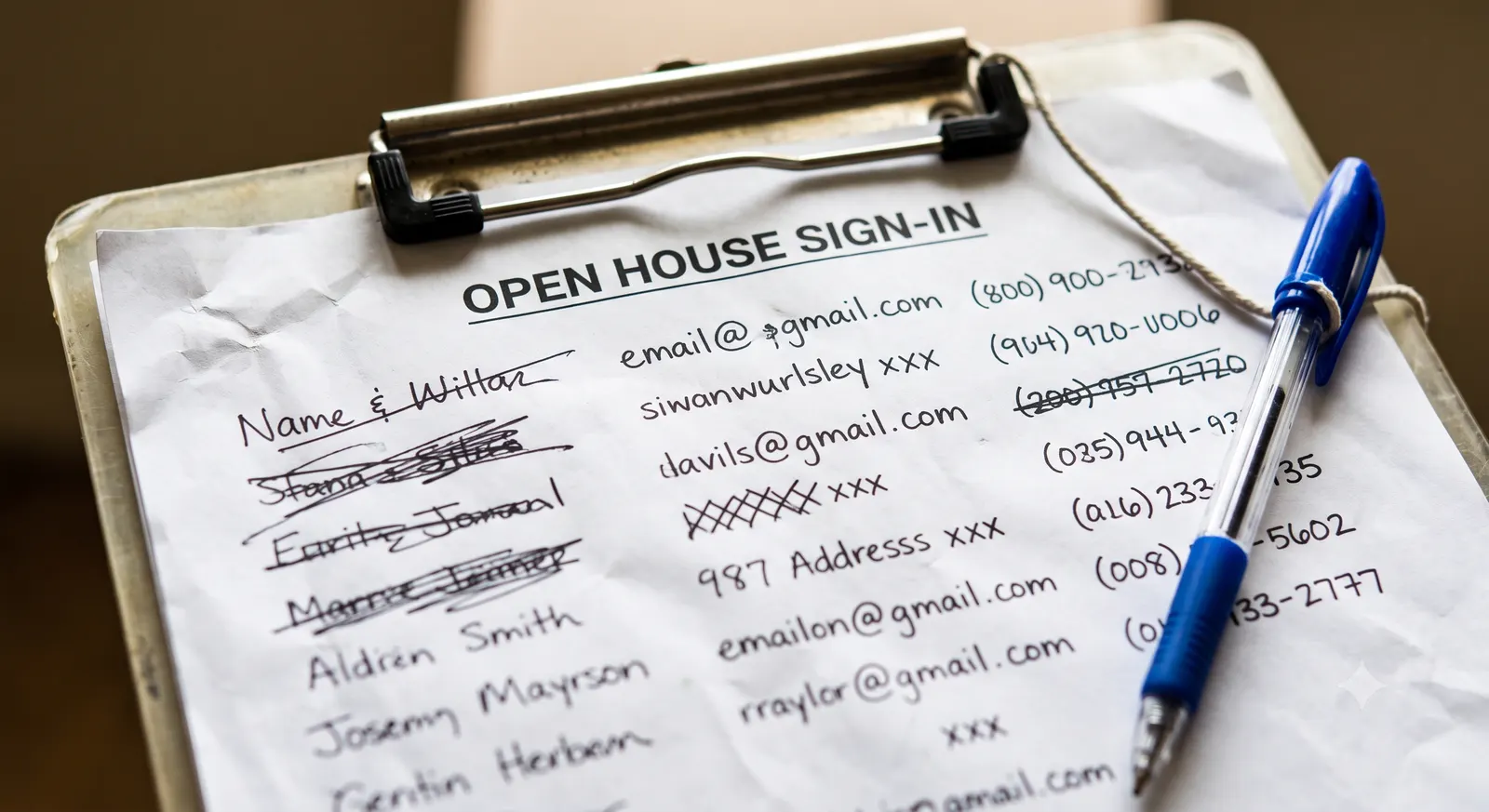 A crumpled open house paper sign-in sheet on a clipboard with scribbled, crossed-out, and illegible handwriting