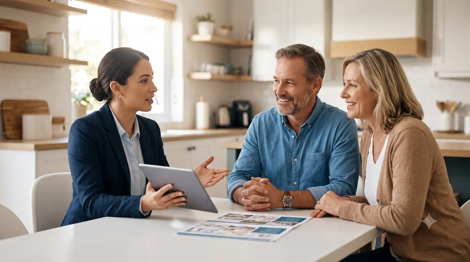 A real estate agent delivering a listing presentation to a seller couple at their kitchen table
