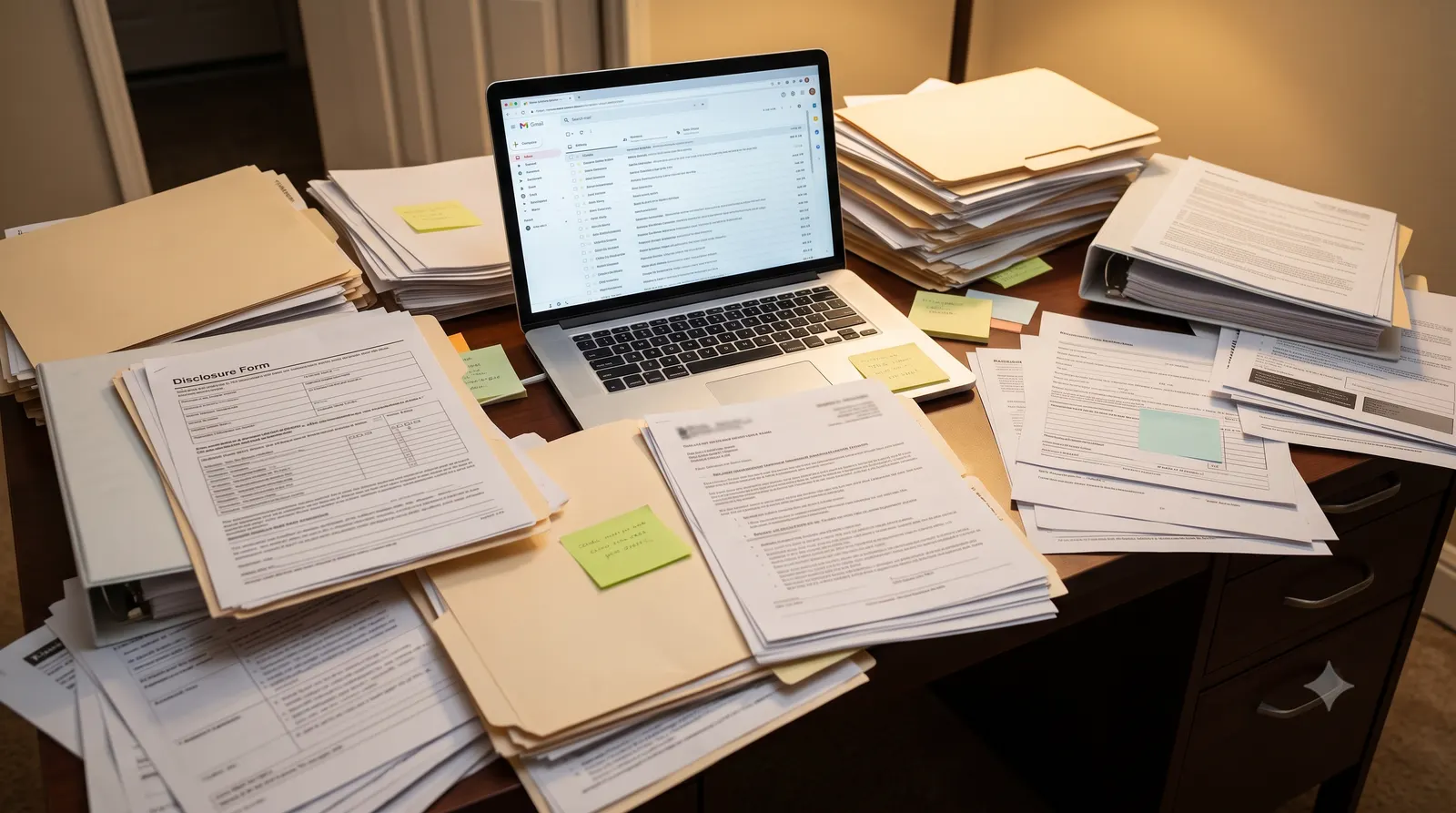 A real estate agent overwhelmed by scattered disclosure paperwork and transaction documents across a messy desk