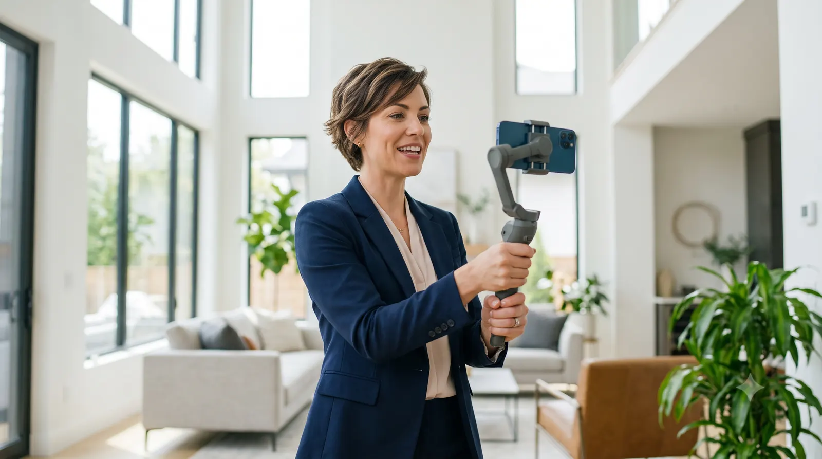 A real estate agent creating social media content to market listings