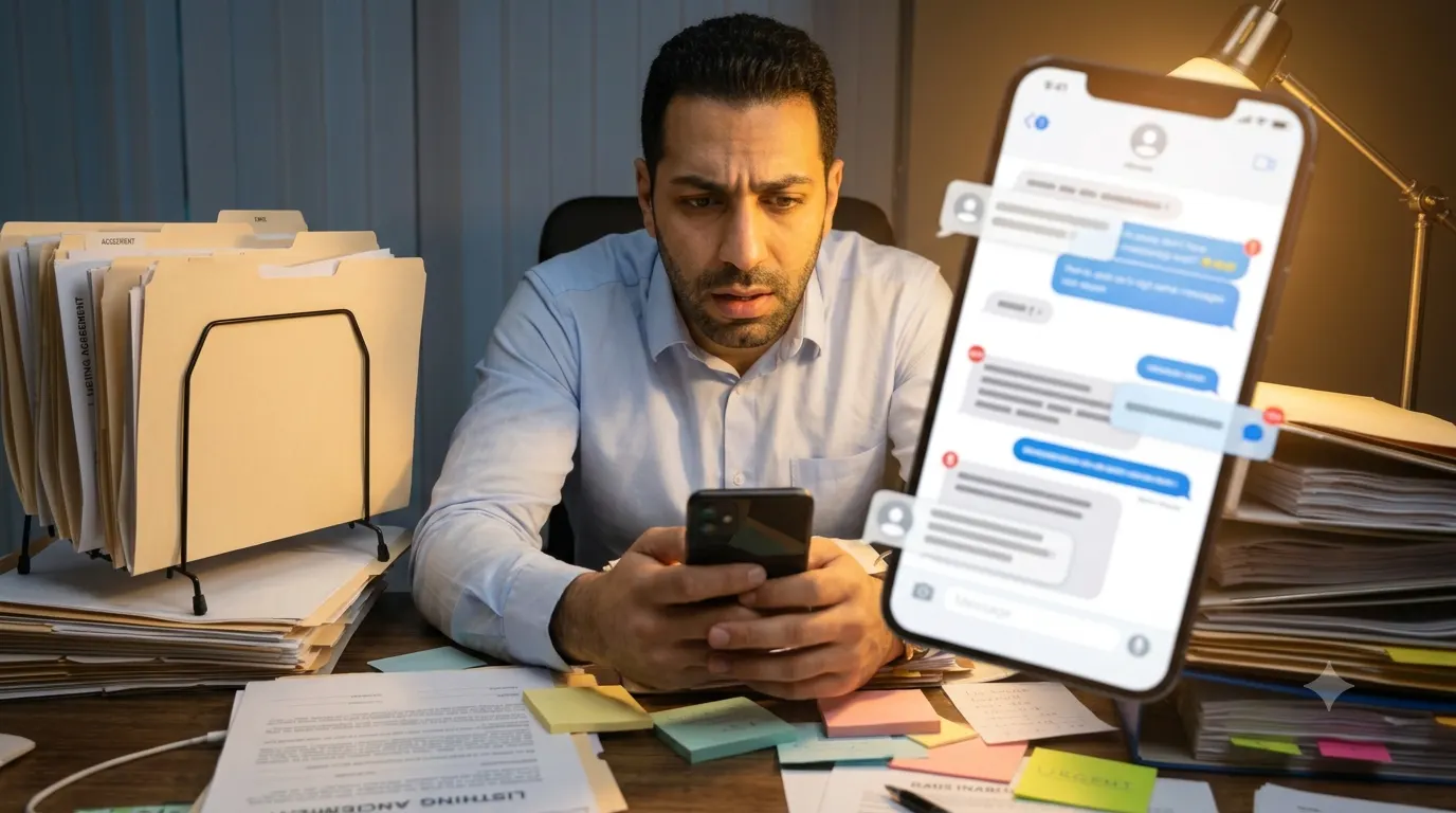 A real estate agent overwhelmed by scattered client texts across a personal phone