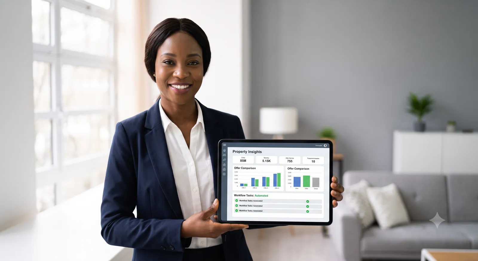 A real estate agent holding a tablet showing an automated property insights and workflow dashboard