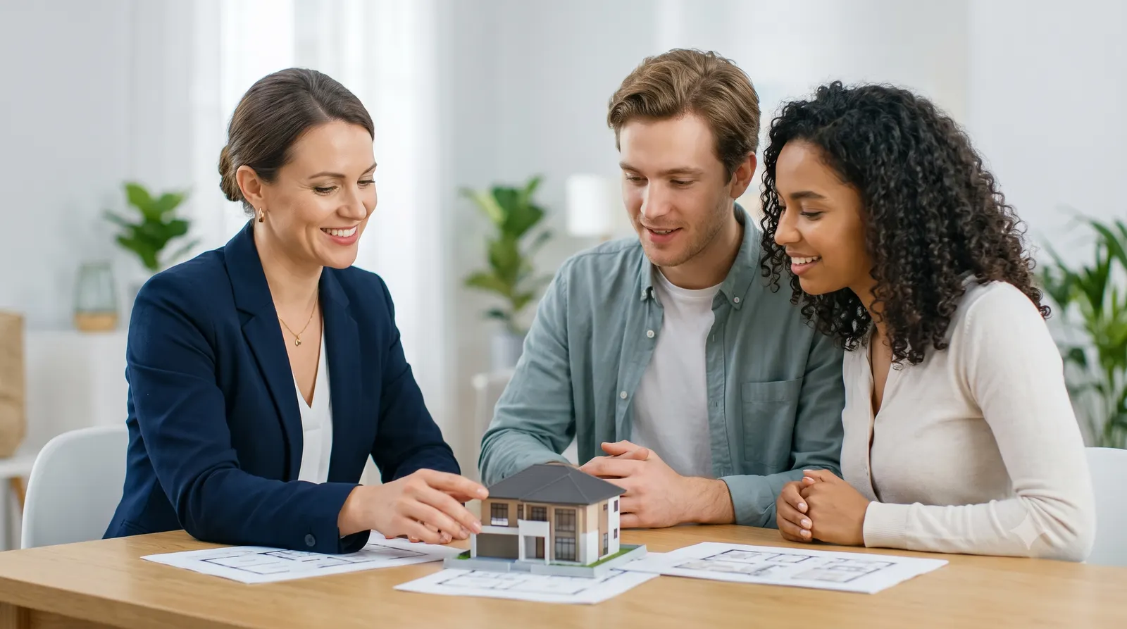 A real estate agent guiding first-time home buyers through the process